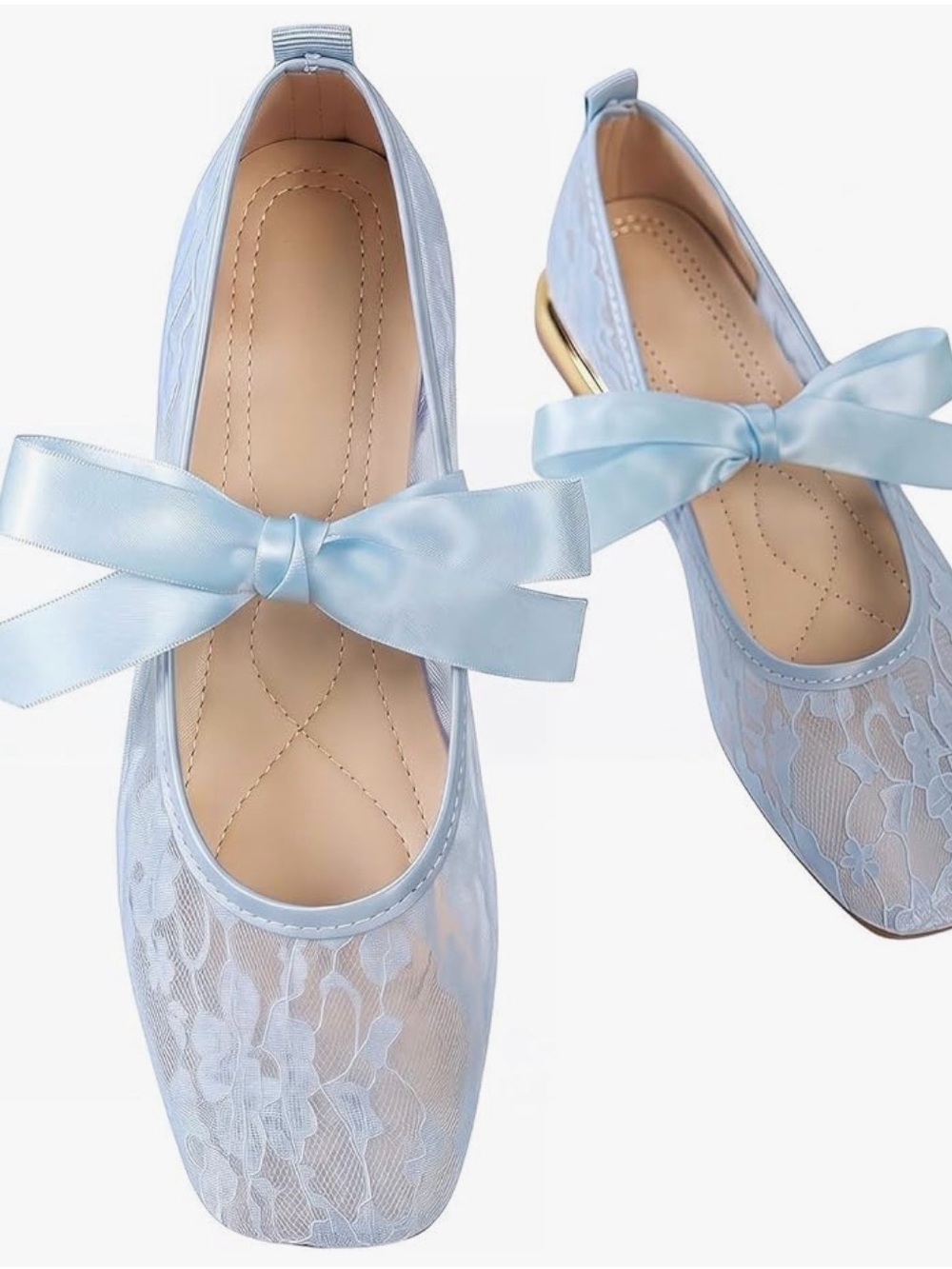 Light Blue Lace Ribbon Ballet Flats - Women's